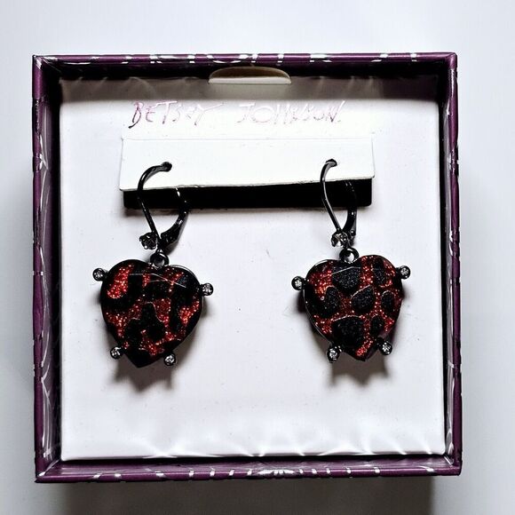 Betsey Johnson Glampire Red Glitter Lucite Leopard Heart Animal Print Earrings - Picture 2 of 5